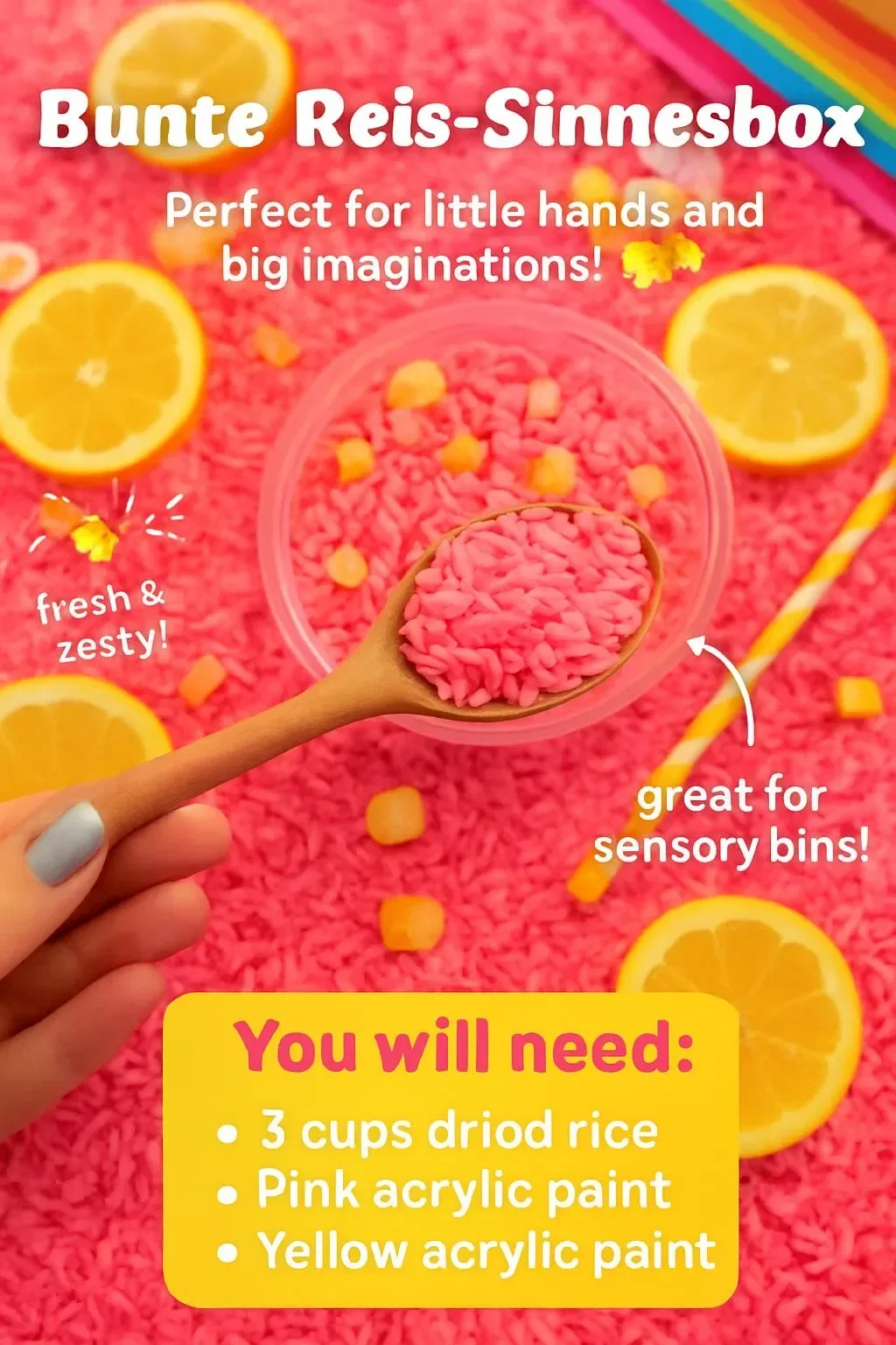 Bunte Reis-Sinnesbox