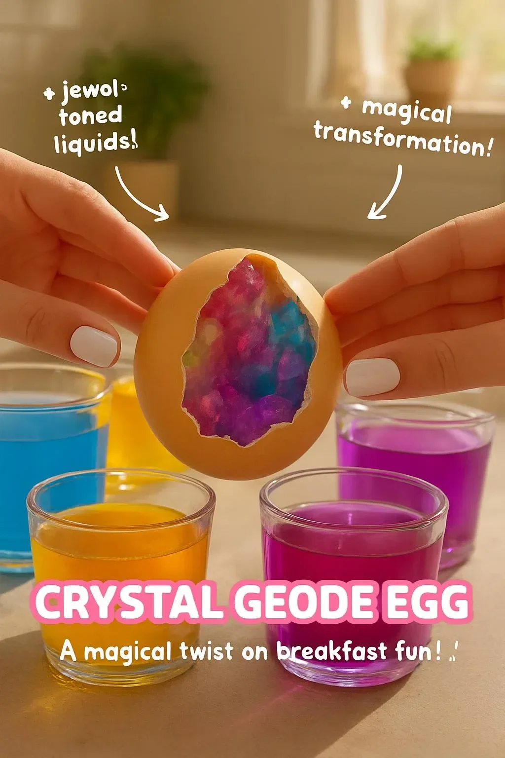 Eiergeode mit Kristallen in verschiedenen Farben und Strukturen