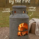 Rustikale Feuerstelle aus einer alten Milchkannen im Außenbereich gestaltet.