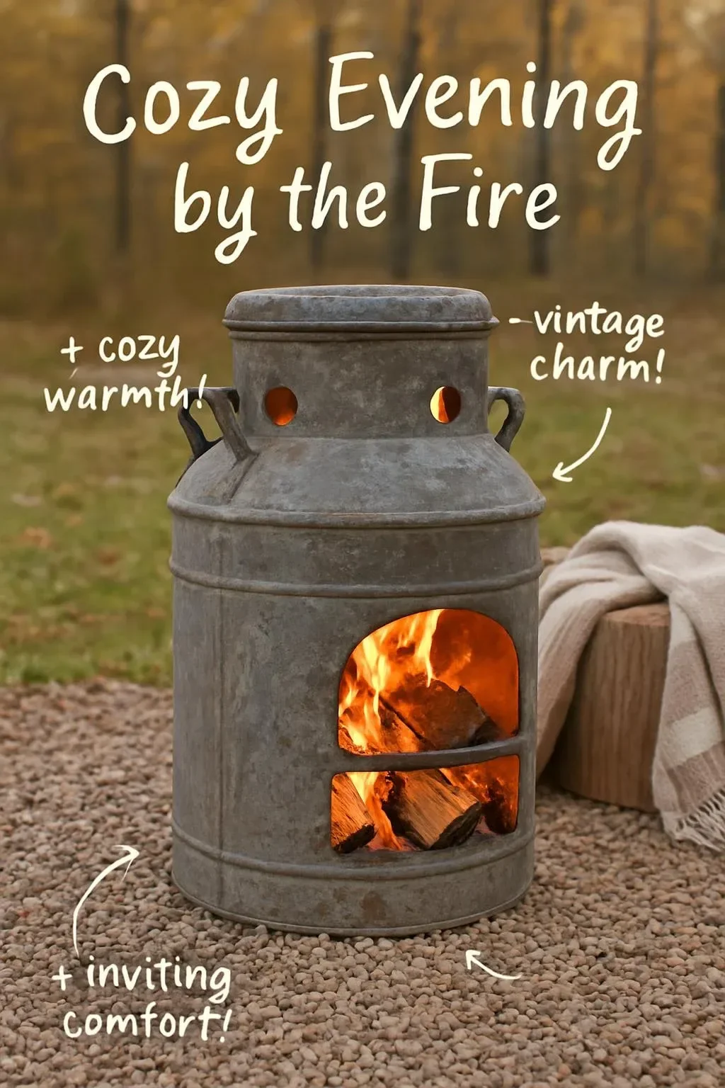 Rustikale Feuerstelle aus einer alten Milchkannen im Außenbereich gestaltet.