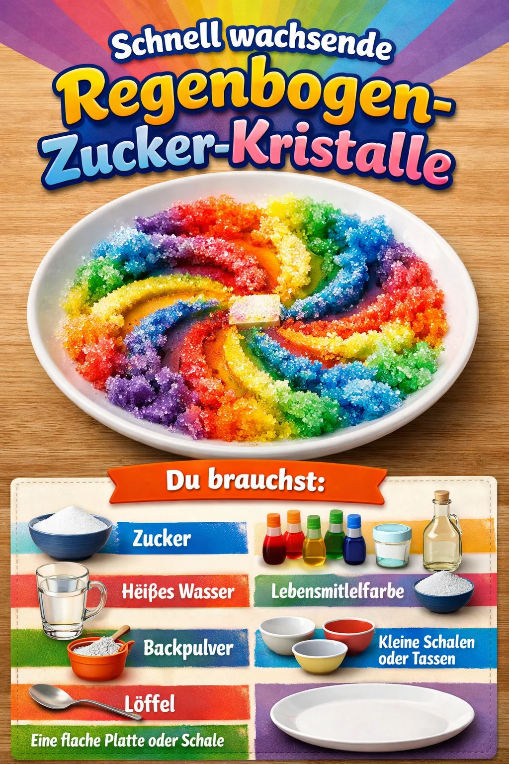 Schnell wachsende Regenbogen-Zucker-Kristalle