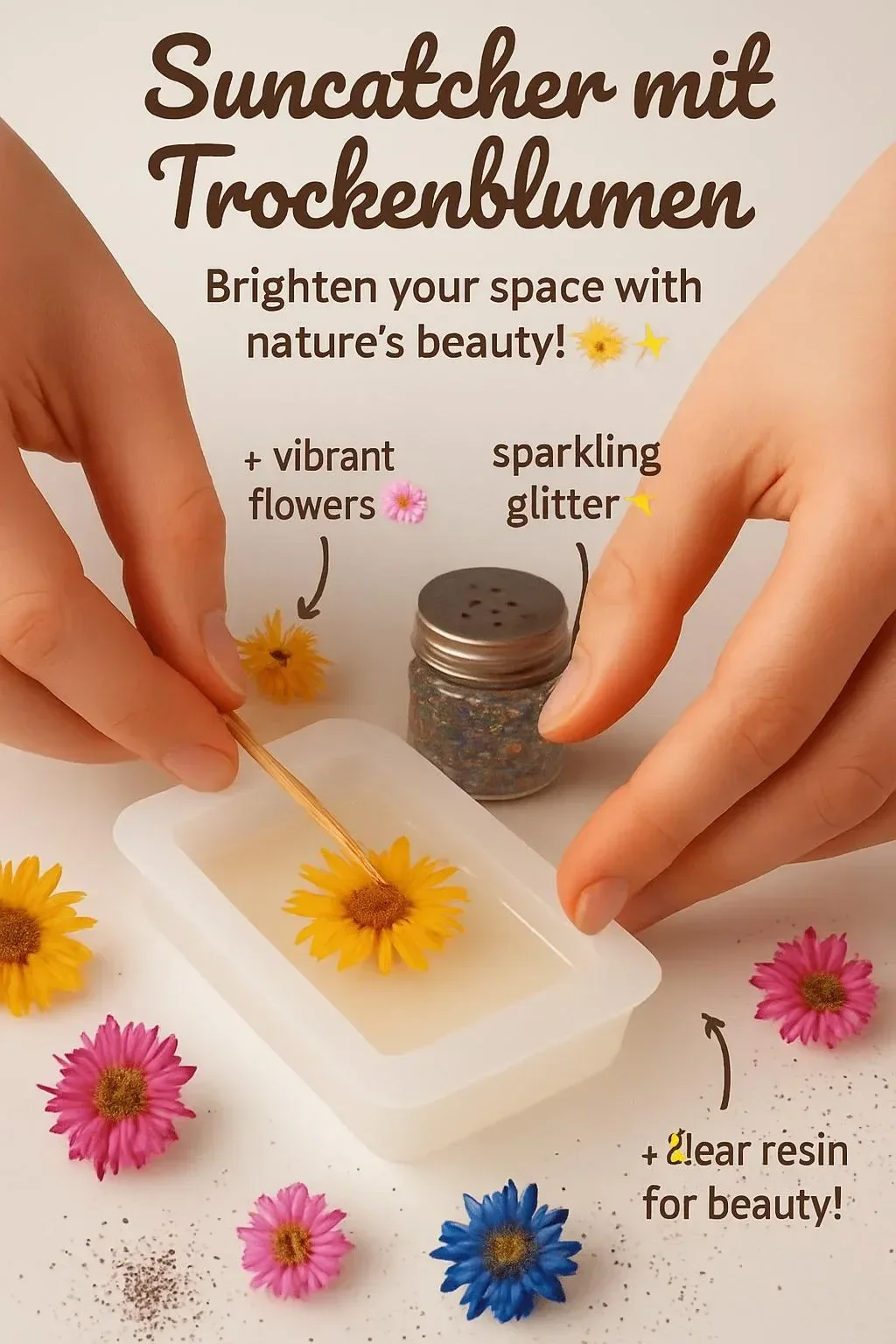 Suncatcher mit getrockneten Blumen, der Lichtstrahlen in bunten Farben bricht.