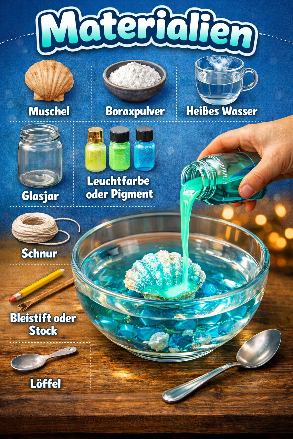 Materialien Muschel Boraxpulver Heißes Wasser Glasjar Leuchtfarbe oder Pigment Schnur Bleistift oder Stock Löffel