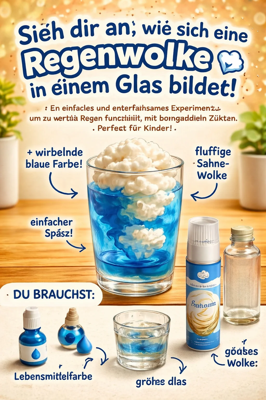 Sieh dir an, wie sich eine Regenwolke in einem Glas bildet! ☁️✨ Ein einfaches und unterhaltsames Experiment, um zu verstehen, wie Regen funktioniert, mit grundlegenden Zutaten. Perfekt für Kinder!