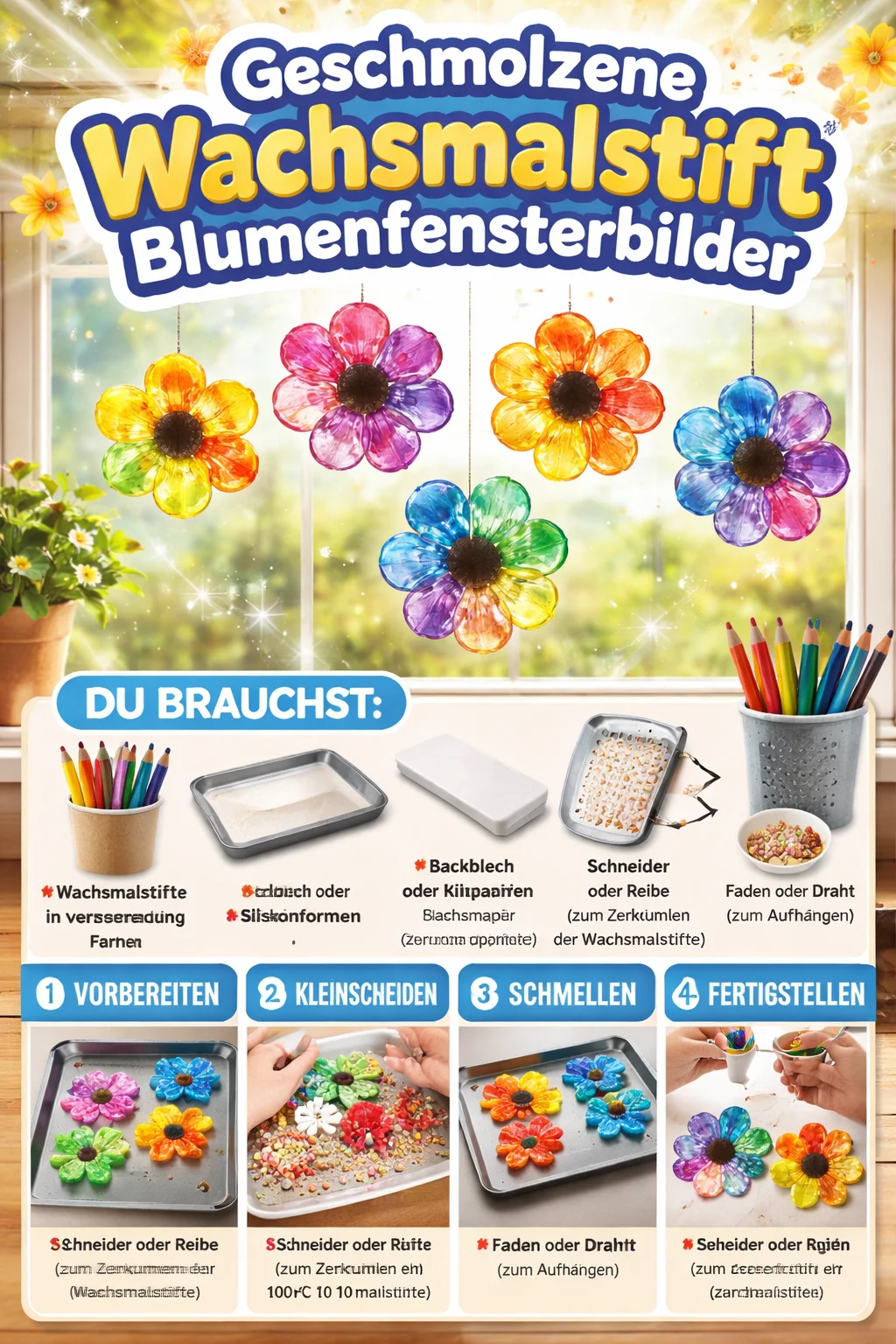 Geschmolzene Wachsmalstift Blumenfensterbilder
