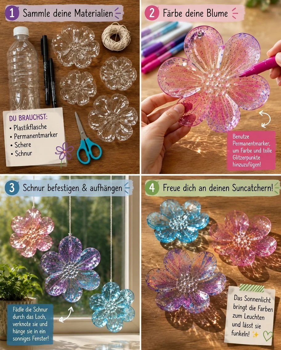 Blumen Suncatcher aus Plastikflasche, farbenfroh und kreativ für Dekoration.