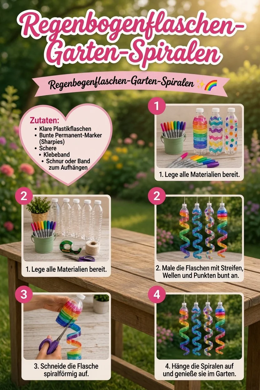 Bunte Regenbogenflaschen in einer Spiralform im Garten