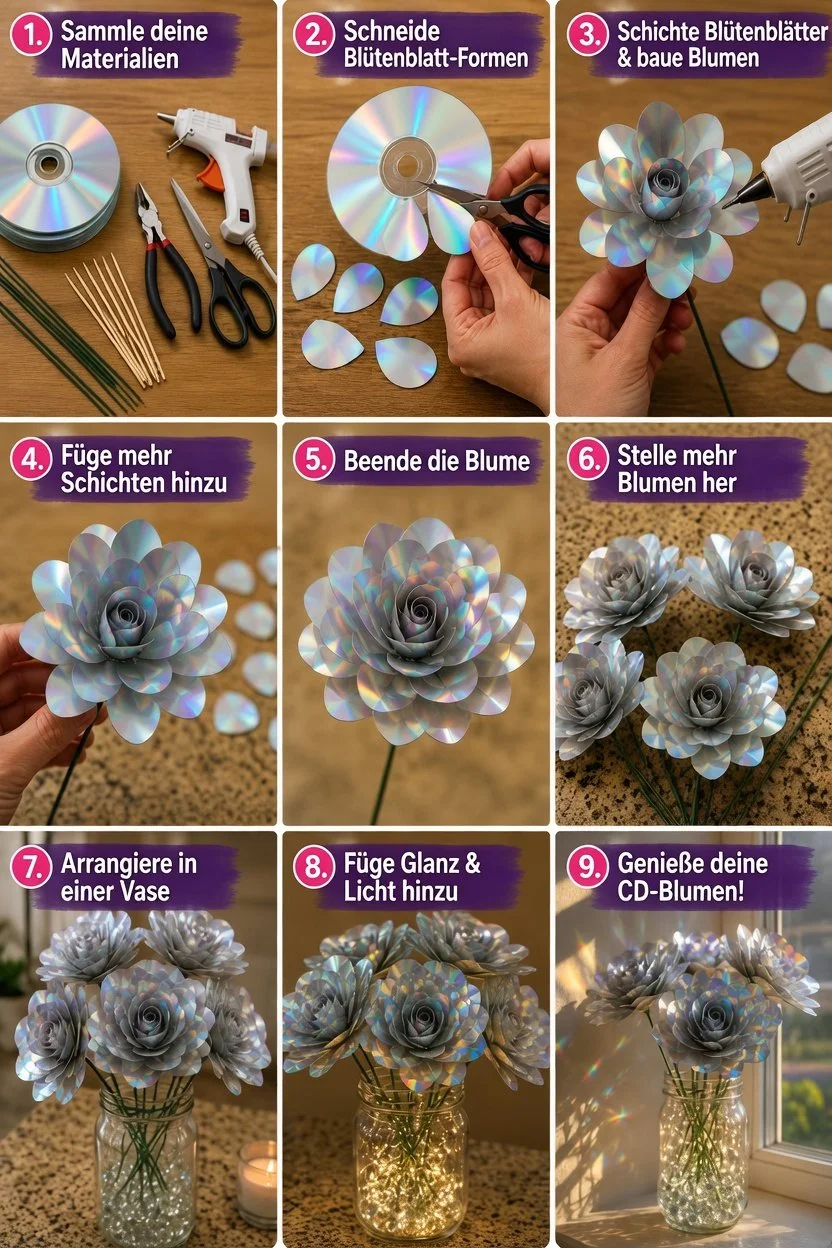 Sprudelnde recycelte CD-Blumen als kreative Dekoration aus recyceltem Material