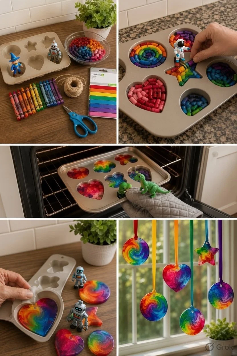 Bunter Wachsmalstift-Sonnenfänger aus Papier, erstellt mit Kindern beim Basteln.