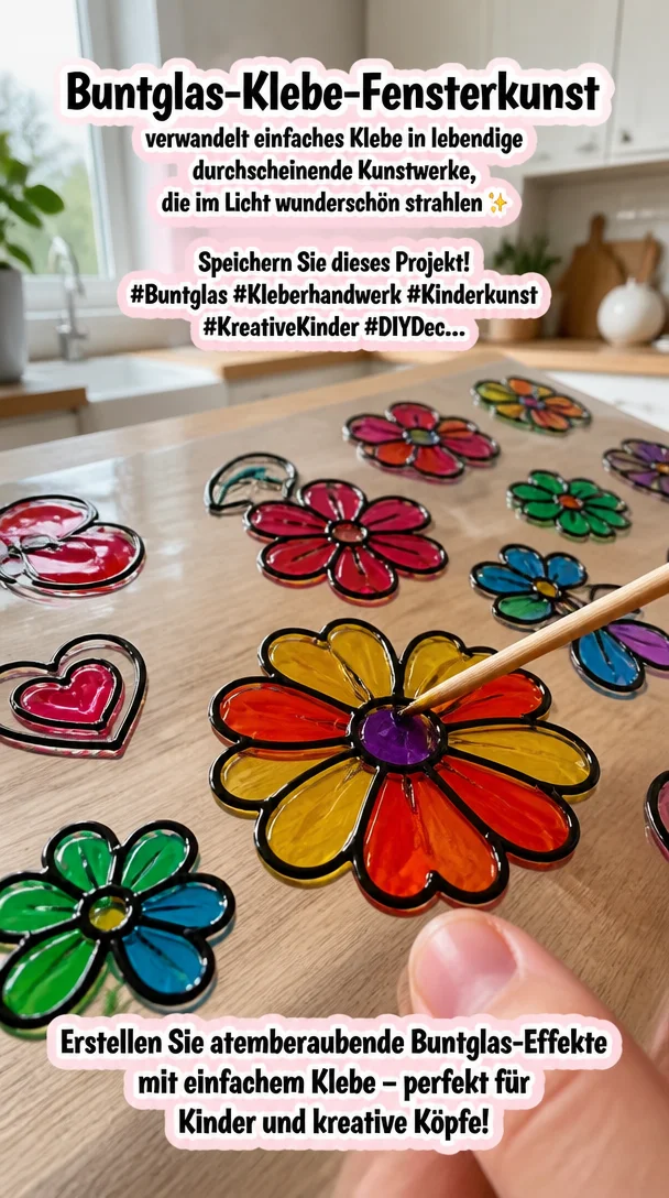 Buntglas-Klebe-Fensterkunst verwandelt einfaches Klebe in lebendige durchscheinende Kunstwerke, die im Licht wunderschön strahlen ✨ Speichern Sie dieses Projekt! #Buntglas #Kleberhandwerk #Kinderkunst #KreativeKinder #DIYDec…