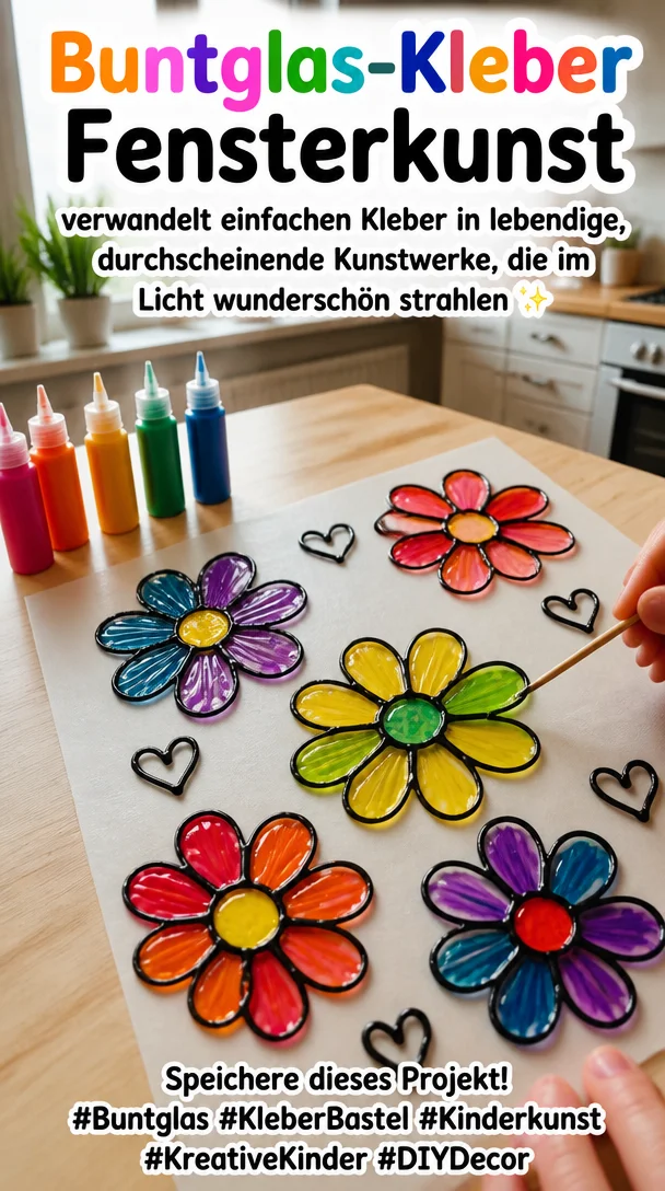 Buntglas-Kleber Fensterkunst verwandelt einfachen Kleber in lebendige, durchscheinende Kunstwerke, die im Licht wunderschön strahlen ✨ Speichere dieses Projekt! #Buntglas #KleberBastel #Kinderkunst #KreativeKinder #DIYDec…