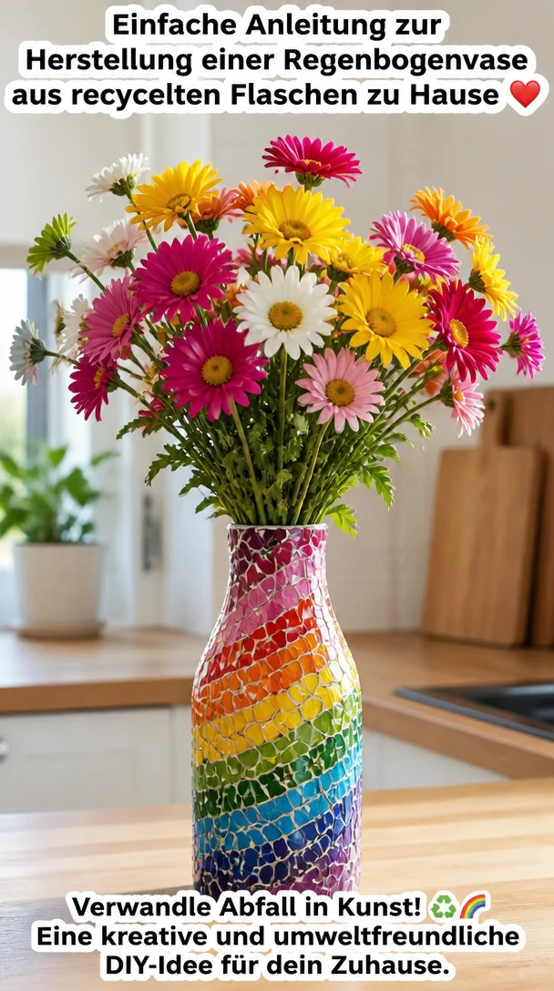 Einfache Anleitung zur Herstellung einer Regenbogenvase aus recycelten Flaschen zu Hause ❤️