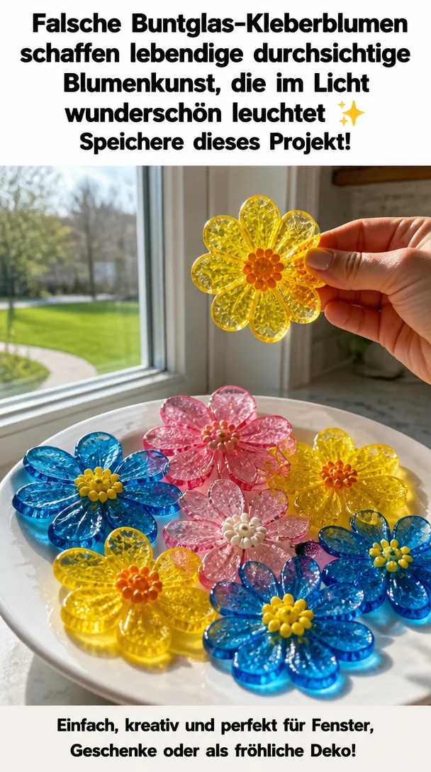 Falsche Buntglas-Kleberblumen schaffen lebendige durchsichtige Blumenkunst, die im Licht wunderschön leuchtet ✨ Speichere dieses Projekt!