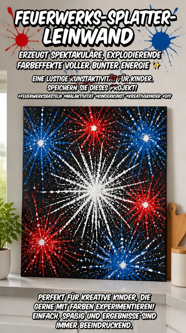 Feuerwerks-Splatter-Leinwand erzeugt spektakuläre, explodierende Farbeffekte voller bunter Energie ✨ Eine lustige Kunstaktivität für Kinder. Speichern Sie dieses Projekt! #FeuerwerksBasteln #MalAktivität #Kinderkunst #KreativeKinder #DIY