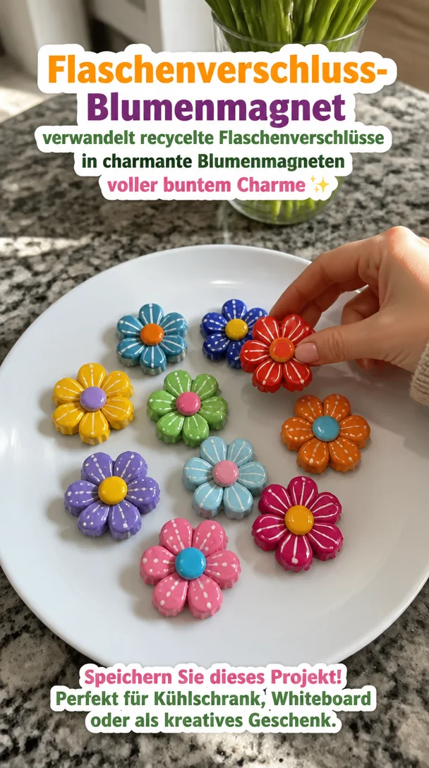 Flaschenverschluss-Blumenmagnet verwandelt recycelte Flaschenverschlüsse in charmante Blumenmagneten voller buntem Charme ✨ Speichern Sie dieses Projekt!