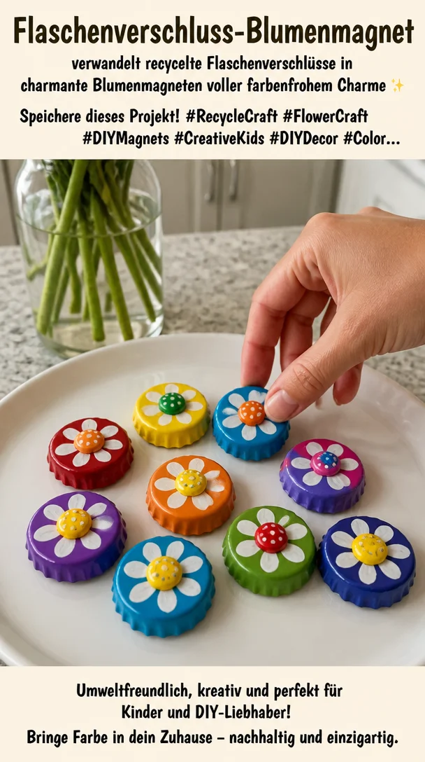 Flaschenverschluss-Blumenmagnet verwandelt recycelte Flaschenverschlüsse in charmante Blumenmagneten voller farbenfrohem Charme ✨ Speichere dieses Projekt! #RecycleCraft #FlowerCraft #DIYMagnets #CreativeKids #DIYDecor #Color…