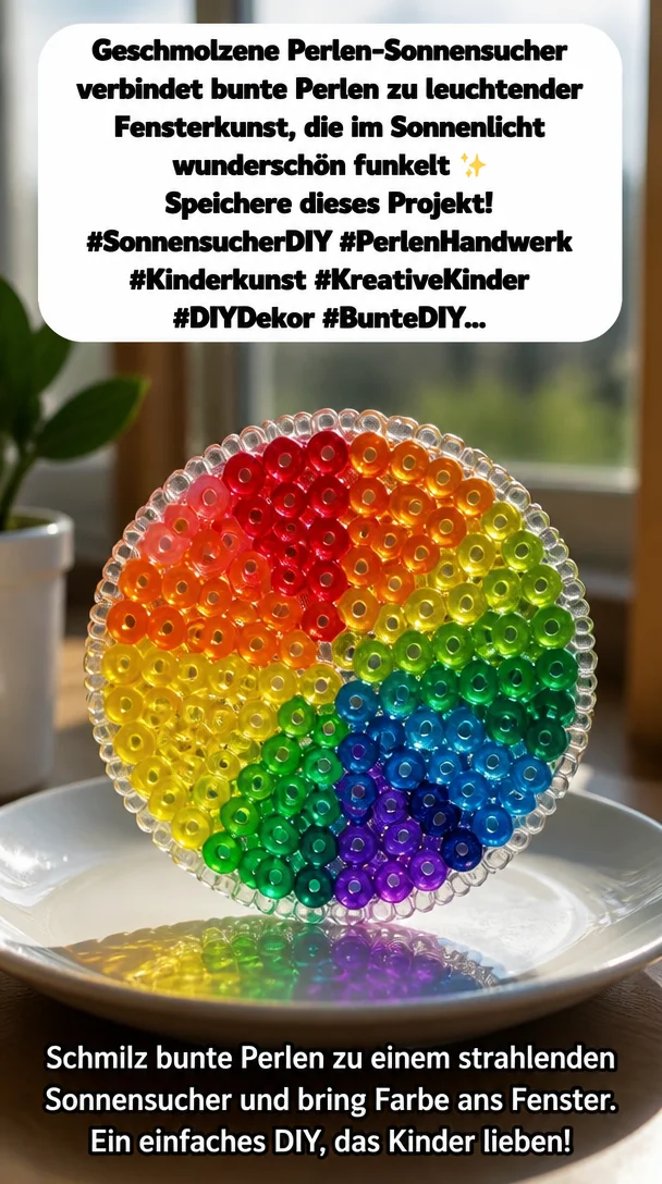 Geschmolzene Perlen-Sonnensucher verbindet bunte Perlen zu leuchtender Fensterkunst, die im Sonnenlicht wunderschön funkelt ✨ Speichere dieses Projekt! #SonnensucherDIY #PerlenHandwerk #Kinderkunst #KreativeKinder #DIYDekor #BunteDIY…