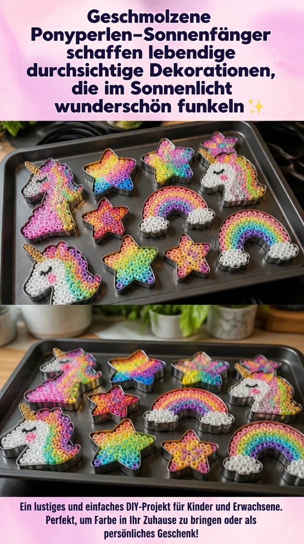 Geschmolzene Ponyperlen-Sonnenfänger schaffen lebendige durchsichtige Dekorationen, die im Sonnenlicht wunderschön funkeln ✨ Speichern Sie dieses Projekt!