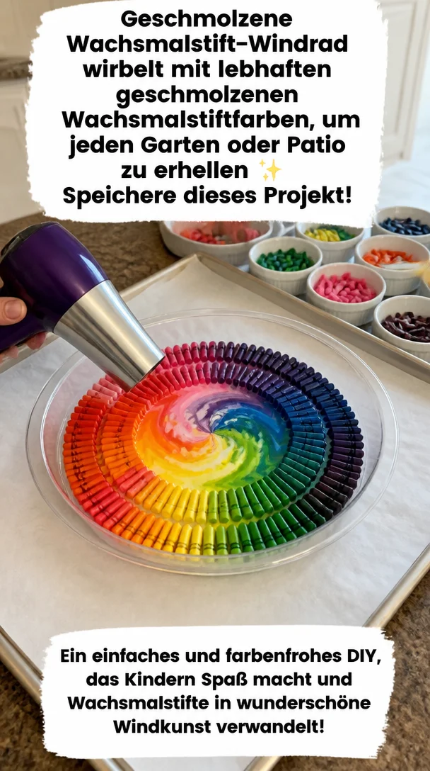 Geschmolzene Wachsmalstift-Windrad wirbelt mit lebhaften geschmolzenen Wachsmalstiftfarben, um jeden Garten oder Patio zu erhellen ✨ Speichere dieses Projekt!