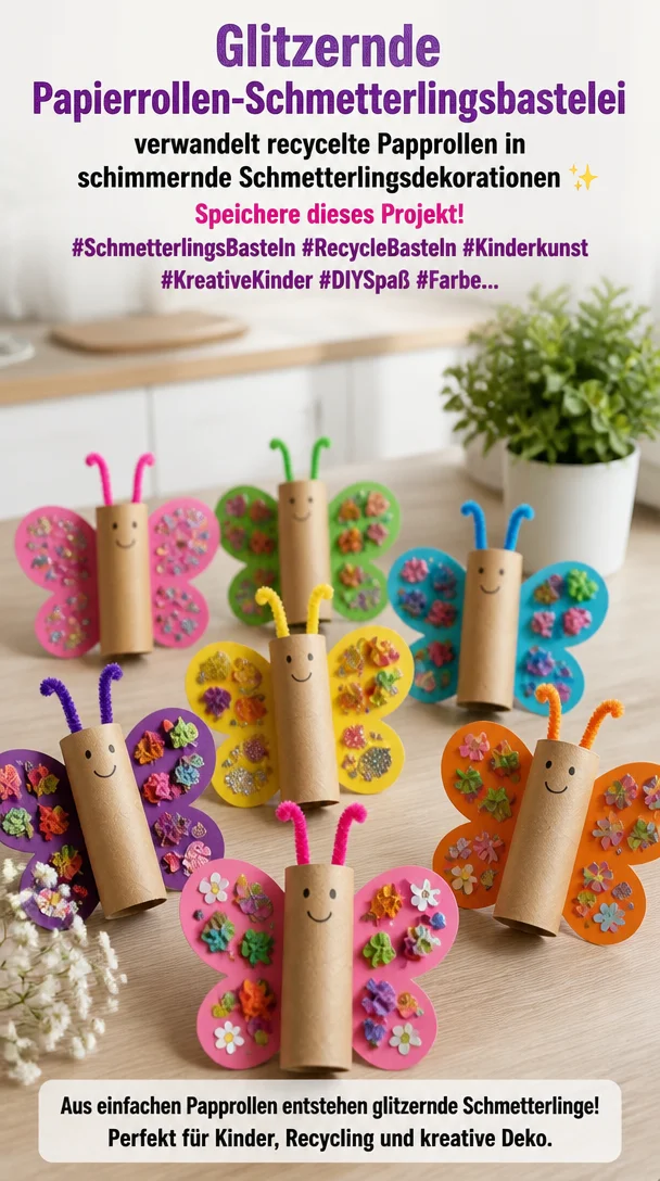 Glitzernde Papierrollen-Schmetterlingsbastelei verwandelt recycelte Papprollen in schimmernde Schmetterlingsdekorationen ✨ Speichere dieses Projekt! #SchmetterlingsBasteln #RecycleBasteln #Kinderkunst #KreativeKinder #DIYSpaß #Farbe…