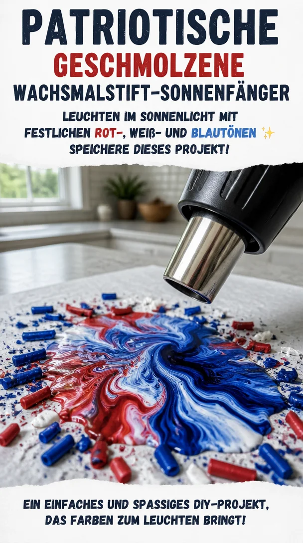 Patriotische geschmolzene Wachsmalstift-Sonnenfänger leuchten im Sonnenlicht mit festlichen Rot-, Weiß- und Blautönen ✨ Speichere dieses Projekt!
