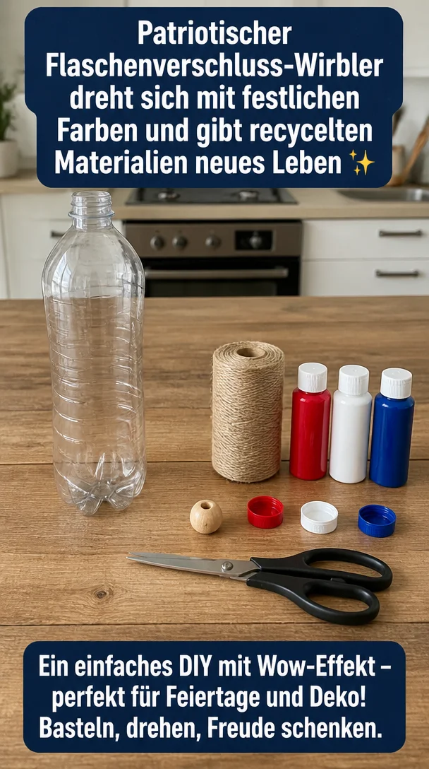 Patriotischer Flaschenverschluss-Wirbler dreht sich mit festlichen Farben und gibt recycelten Materialien neues Leben ✨ Speichere dieses Projekt!