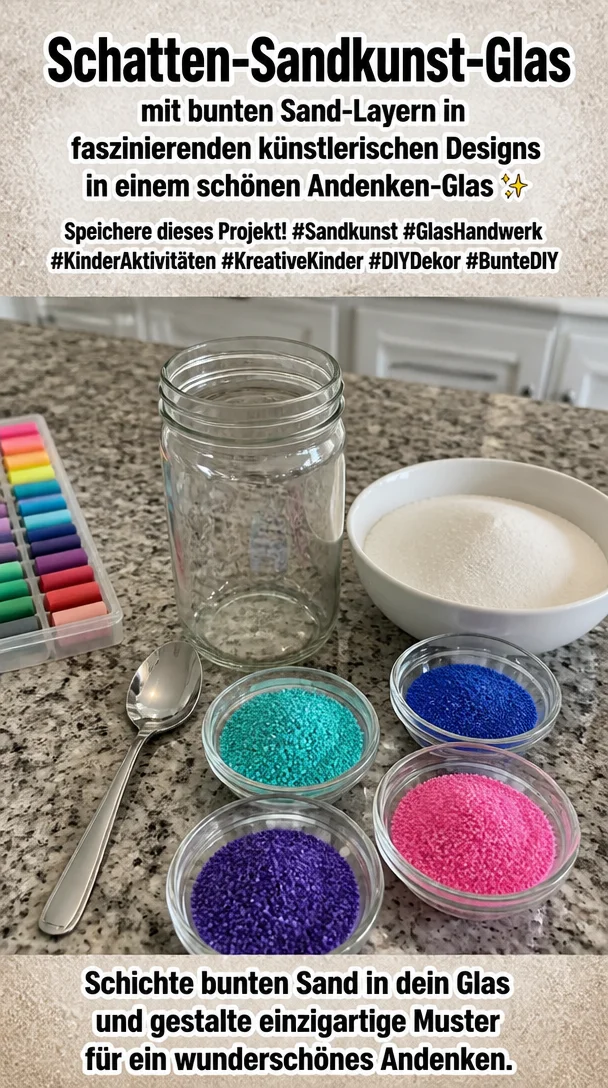 Schatten-Sandkunst-Glas mit bunten Sand-Layern in faszinierenden künstlerischen Designs in einem schönen Andenken-Glas ✨ Speichere dieses Projekt! #Sandkunst #GlasHandwerk #KinderAktivitäten #KreativeKinder #DIYDekor #BunteDIY