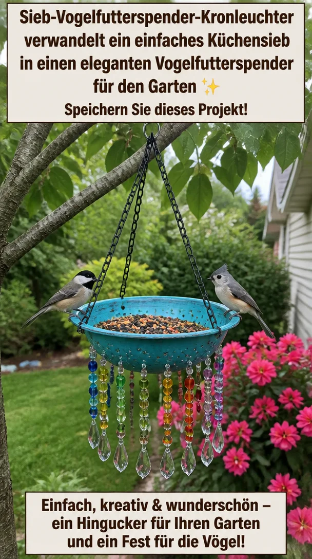 Sieb-Vogelfutterspender-Kronleuchter verwandelt ein einfaches Küchensieb in einen eleganten Vogelfutterspender für den Garten ✨ Speichern Sie dieses Projekt!
