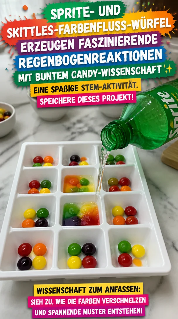 Sprite- und Skittles-Farbenflusswürfel erzeugen faszinierende Regenbogenreaktionen mit buntem Candy-Wissenschaft ✨ Eine spaßige STEM-Aktivität. Speichere dieses Projekt!