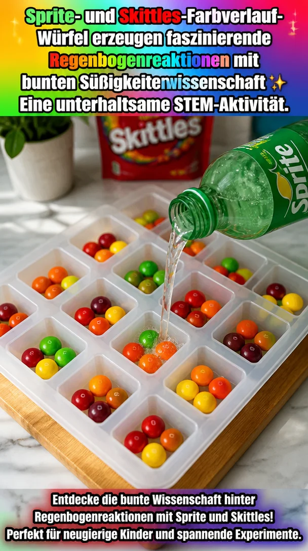 Sprite- und Skittles-Farbverlauf-Würfel erzeugen faszinierende Regenbogenreaktionen mit bunten Süßigkeitenwissenschaft ✨ Eine unterhaltsame STEM-Aktivität. Speichern Sie dieses Projekt!