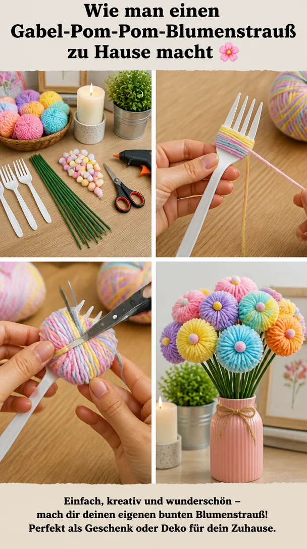 Wie man einen Gabel-Pom-Pom-Blumenstrauß zu Hause macht 🌸