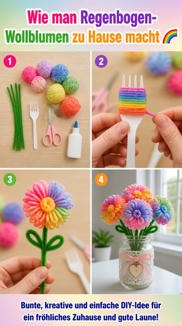 Wie man Regenbogen-Wollblumen zu Hause macht 🌈