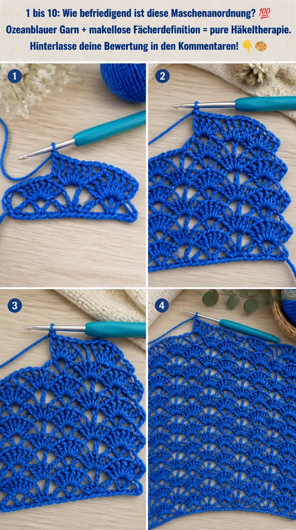 1 bis 10: Wie befriedigend ist diese Maschenanordnung? 💯 Ozeanblauer Garn + makellose Fächerdefinition = pure Häkeltherapie. Hinterlasse deine Bewertung in den Kommentaren! 👇🎨