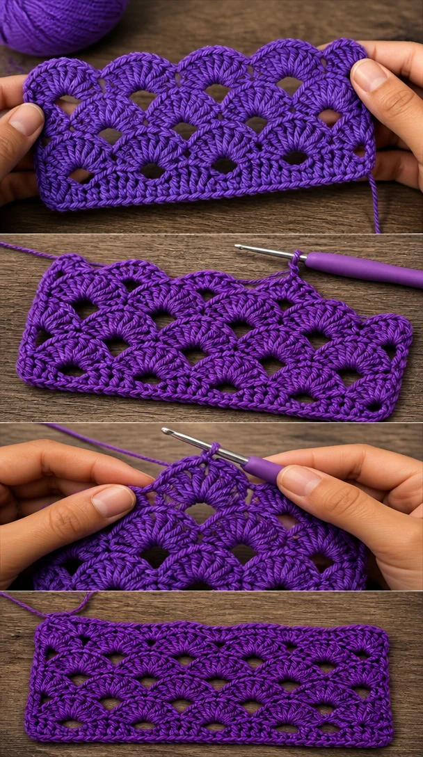 Alle Häkelverrückten aufgepasst! 💜 Der gewellte Pfauenstich ist einfach atemberaubend! Was würdest du mit diesem Muster kreieren: einen eleganten Schal, einen dekorativen Tischläufer oder einen Babydeckenrand?…