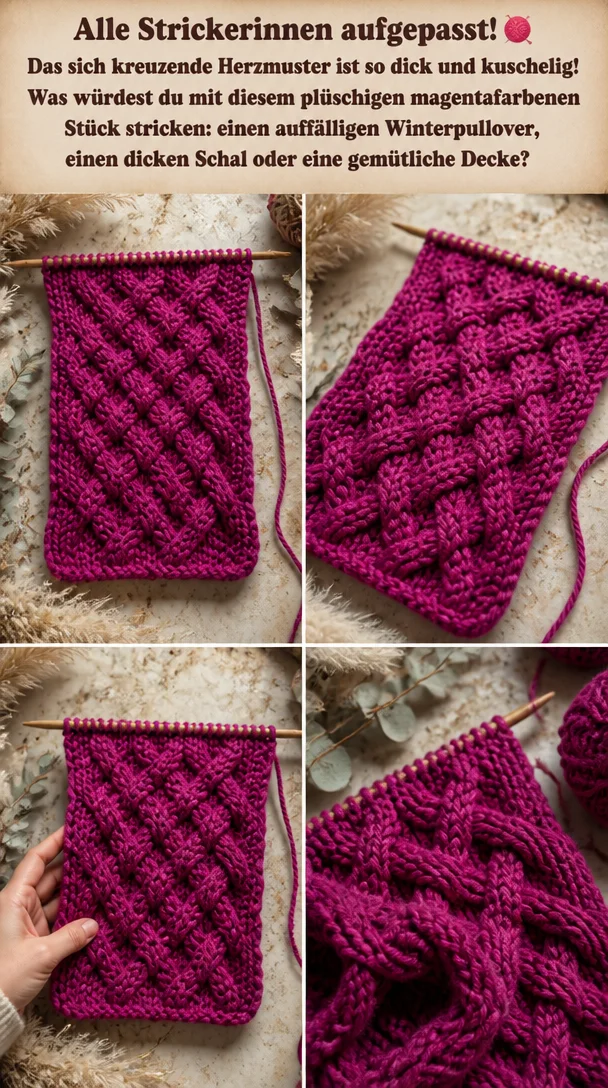 Alle Strickerinnen aufgepasst! 🧶 Das sich kreuzende Herzmuster ist so dick und kuschelig! Was würdest du mit diesem plüschigen magentafarbenen Stück stricken: einen auffälligen Winterpullover, einen dicken Schal oder eine gemütliche Decke?