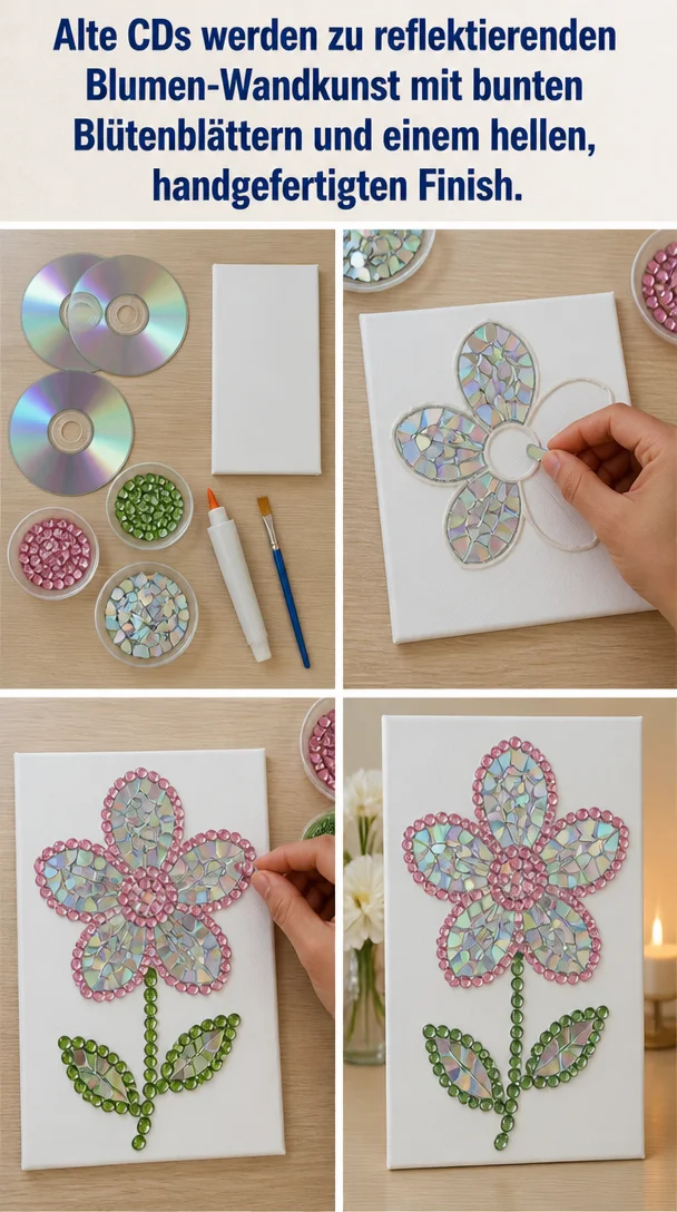 Alte CDs werden zu reflektierenden Blumen-Wandkunst mit bunten Blütenblättern und einem hellen, handgefertigten Finish.