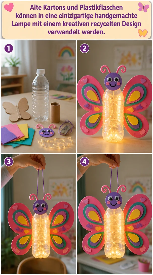 Alte Kartons und Plastikflaschen können in eine einzigartige handgemachte Lampe mit einem kreativen recycelten Design verwandelt werden.