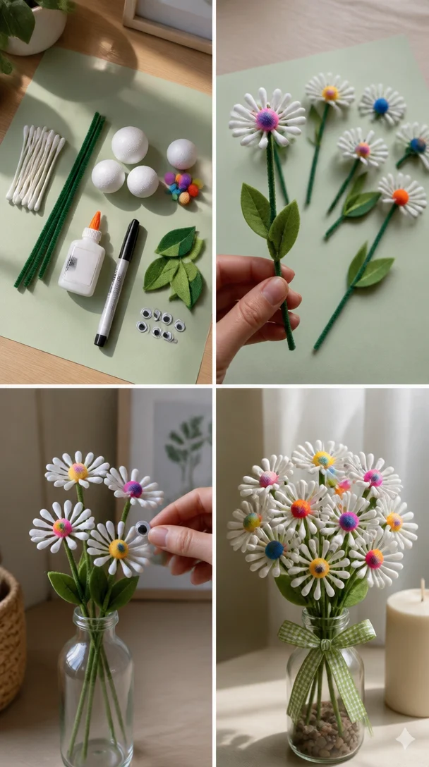 Baumwollstäbchen verwandeln sich in einen schönen Strauß aus handgemachten Blumen, der eine strahlende Dekoration für jede Jahreszeit bietet.