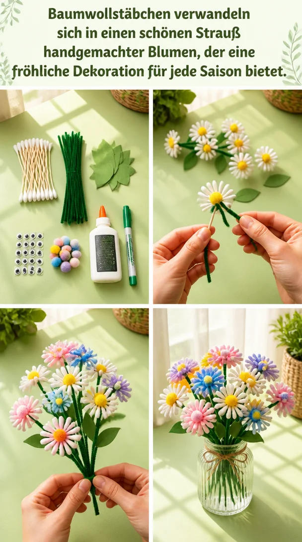 Baumwollstäbchen verwandeln sich in einen schönen Strauß handgemachter Blumen, der eine fröhliche Dekoration für jede Saison bietet.