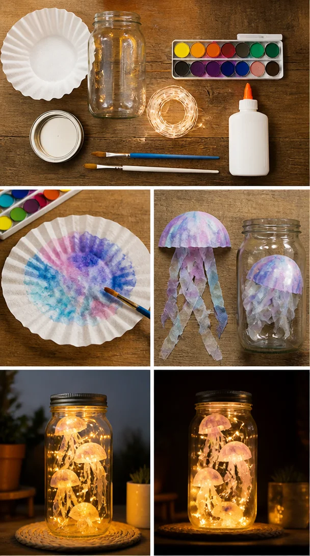 Bemalte Kaffeefilter und Lichterketten vereinen sich in einem Glasgefäß zu einer leuchtenden Quallenanzeige mit einem sanften Unterwassergefühl. Perfekt für deinen nächsten Basteltag. #Quallenjar #Kaffeefilter