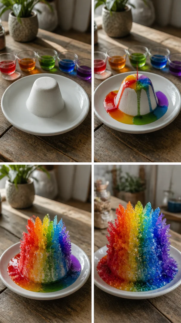 Beobachte, wie farbenfrohe Zuckerkristalle um ein vulkaninspiriertes Design entstehen für ein kreatives Projekt, das Kunst mit einfacher Wissenschaft verbindet. Welche Version würdest du machen?