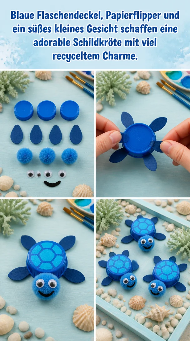 Blaue Flaschendeckel, Papierflipper und ein süßes kleines Gesicht schaffen eine adorable Schildkröte mit viel recyceltem Charme.