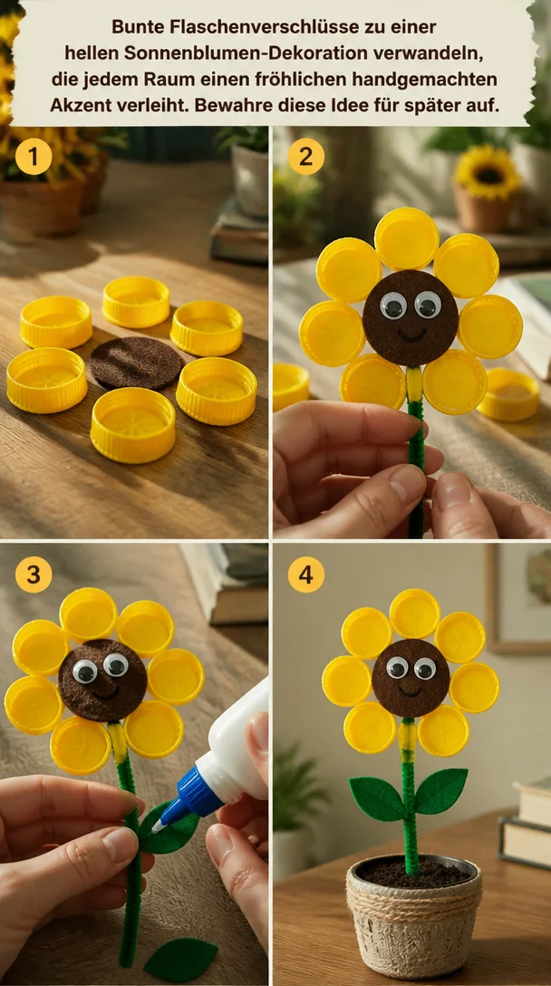 Bunte Flaschenverschlüsse zu einer hellen Sonnenblumen-Dekoration verwandeln, die jedem Raum einen fröhlichen handgemachten Akzent verleiht. Bewahre diese Idee für später auf.