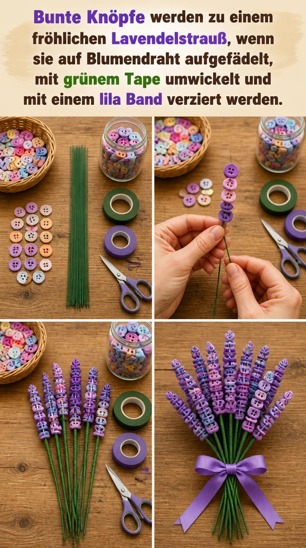 Bunte Knöpfe werden zu einem fröhlichen Lavendelstrauß, wenn sie auf Blumendraht aufgefädelt, mit grünem Tape umwickelt und mit einem lila Band verziert werden.