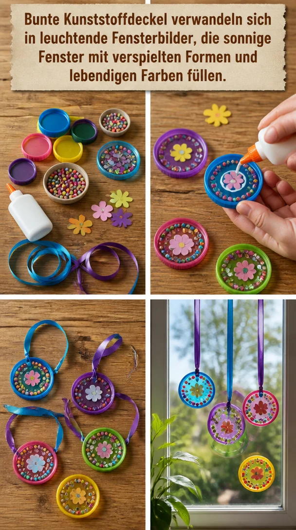 Bunte Kunststoffdeckel verwandeln sich in leuchtende Fensterbilder, die sonnige Fenster mit verspielten Formen und lebendigen Farben füllen.