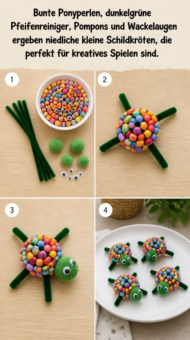 Bunte Ponyperlen, dunkelgrüne Pfeifenreiniger, Pompons und Wackelaugen ergeben niedliche kleine Schildkröten, die perfekt für kreatives Spielen sind.