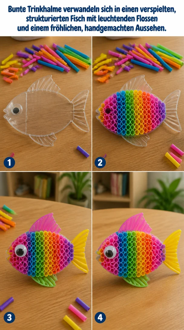 Bunte Trinkhalme verwandeln sich in einen verspielten, strukturierten Fisch mit leuchtenden Flossen und einem fröhlichen, handgemachten Aussehen.