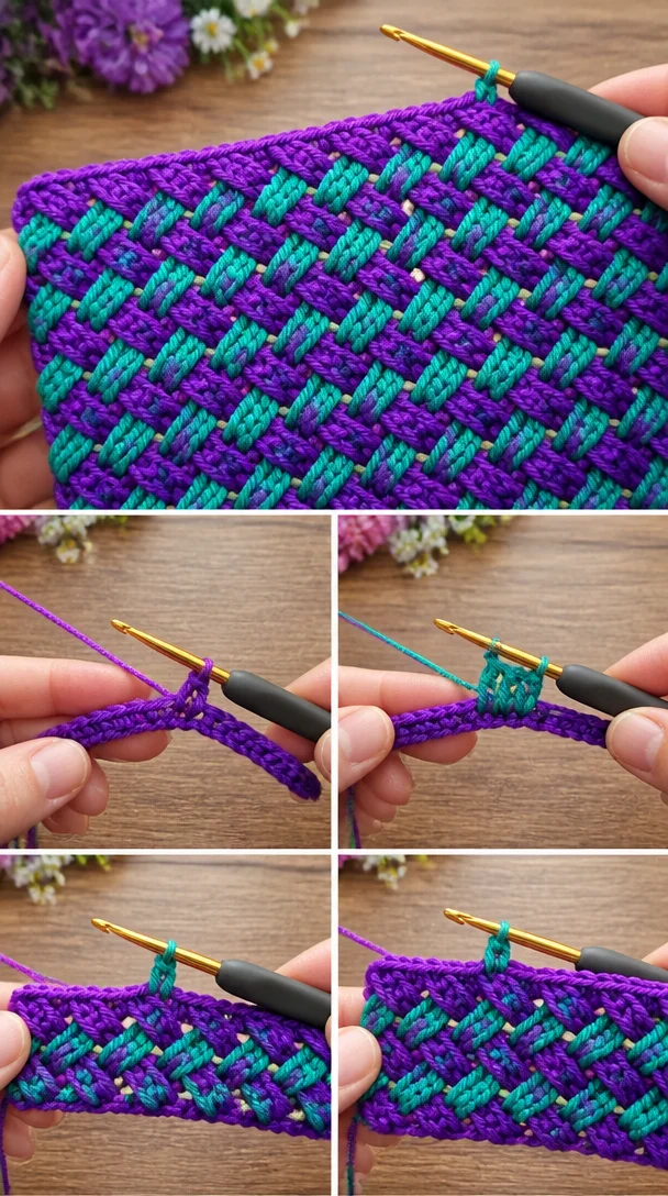 💜💚 Das verflochtene Kreuz-/Diamantmuster schafft eine so ordentliche, dichte Textur!