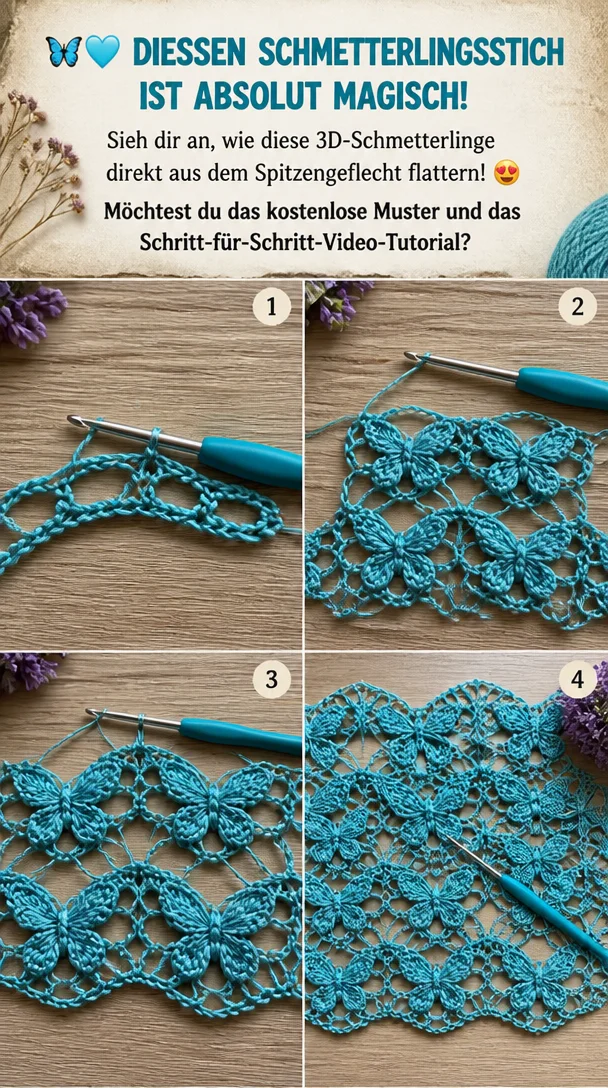 🦋🩵 DIESSEN SCHMETTERLINGSSTICH IST ABSOLUT MAGISCH! Sieh dir an, wie diese 3D-Schmetterlinge direkt aus dem Spitzengeflecht flattern! 😍 Möchtest du das kostenlose Muster und das Schritt-für-Schritt-Video-Tutorial?