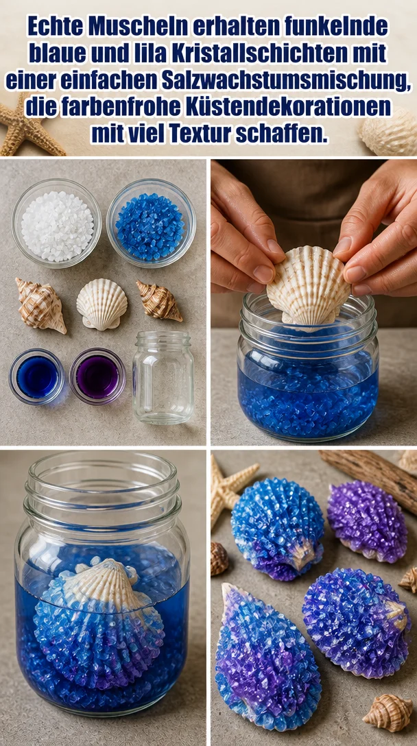 Echte Muscheln erhalten funkelnde blaue und lila Kristallschichten mit einer einfachen Salzwachstumsmischung, die farbenfrohe Küstendekorationen mit viel Textur schaffen.